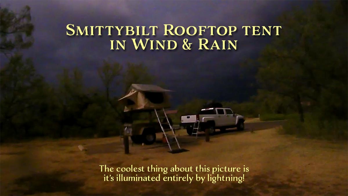 Smittybilt Overlander rooftop tent in wind and rain